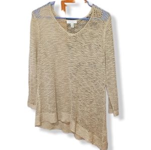 Dress Barn Women's L tan open knit V-neck 3/4 sleeve asymmetrical hem sweater